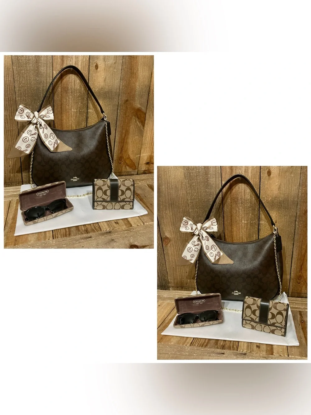 Coach. 5 Piece. Signature Zip Bag & Free Wallet, Glasses/Case, Scarf & Dust Bag. - Picture 11 of 16